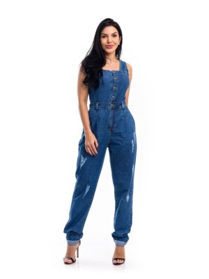 Macacão Restrito Jeans Slouchy Rasgado com Botões - Azul