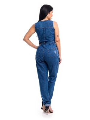 Macacão Restrito Jeans Slouchy Rasgado com Botões - Azul