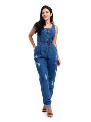 Macacão Restrito Jeans Slouchy Rasgado com Botões - Azul