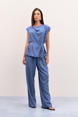Calça Reta Cós Elástico E Amarração Ritmi Studio Azul