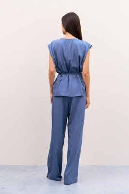 Calça Reta Cós Elástico E Amarração Ritmi Studio Azul