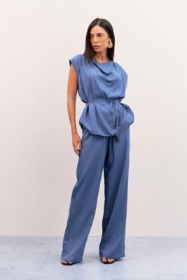 Calça Reta Cós Elástico E Amarração Ritmi Studio Azul