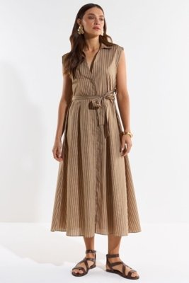 Vestido Tricoline Listras Ritmi Studio Marrom