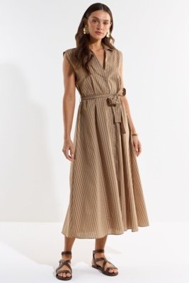 Vestido Tricoline Listras Ritmi Studio Marrom