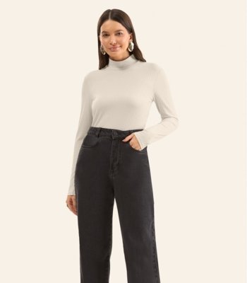 Blusa Manga Longa Ribana Canelada Rovitex Bege