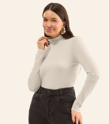 Blusa Manga Longa Ribana Canelada Rovitex Bege
