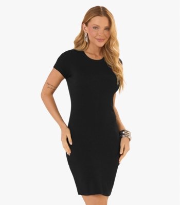 Vestido Acinturado Em Ribana Canelada Rovitex Preto
