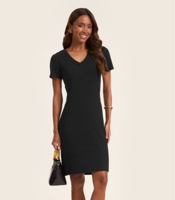 Vestido Acinturado Em Ribana Canelada Rovitex Preto
