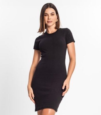 Vestido Acinturado Em Ribana Canelada Rovitex Preto