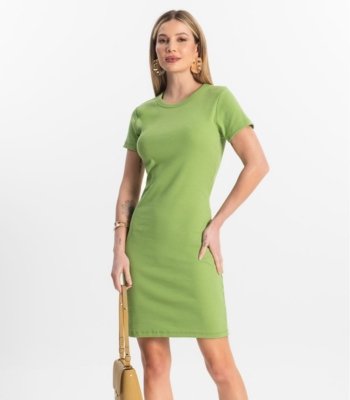 Vestido Acinturado Em Ribana Canelada Rovitex Verde
