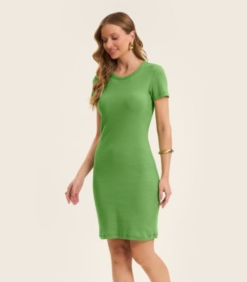 Vestido Acinturado Em Ribana Canelada Rovitex Verde