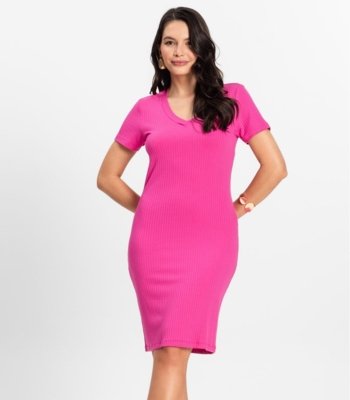 Vestido Feminino Em Ribana Canelada Rovitex Rosa