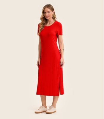 Vestido Midi Ribana Canelada Básico Rovitex Laranja