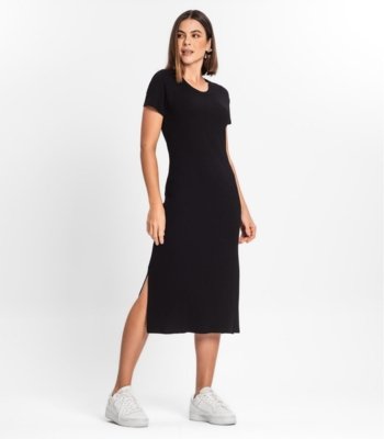 Vestido Midi Ribana Canelada Básico Rovitex Preto