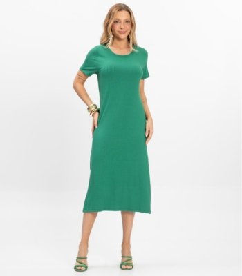 Vestido Midi Ribana Canelada Básico Rovitex Verde