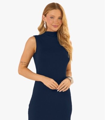 Vestido Midi Ribana Canelada Rovitex Azul