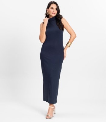 Vestido Midi Ribana Canelada Rovitex Azul