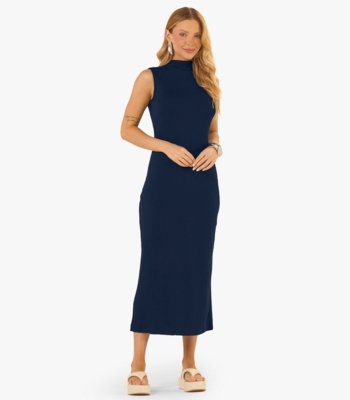 Vestido Midi Ribana Canelada Rovitex Azul