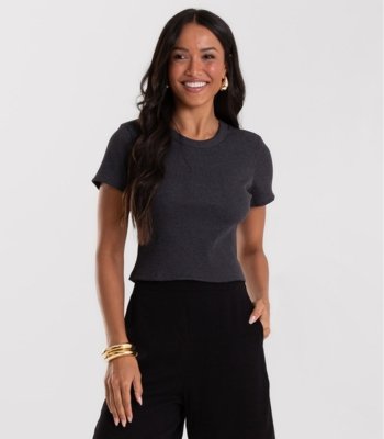 Blusa Cropped Ribana Básica Rovitex Cinza