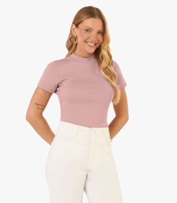 Blusa Feminina Básica Em Ribana Com Gola Rovitex Rosa