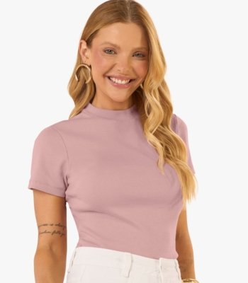 Blusa Feminina Básica Em Ribana Com Gola Rovitex Rosa