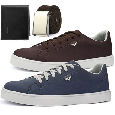 Kit com 2 Pares de Sapatênis Casual SapatoFran em Lona com Cinto e Carteira Café e Azul Menor preço em Kit com 2 Pares de Sapatênis Casual SapatoFran em Lona com Cinto e Carteira Café e Azul