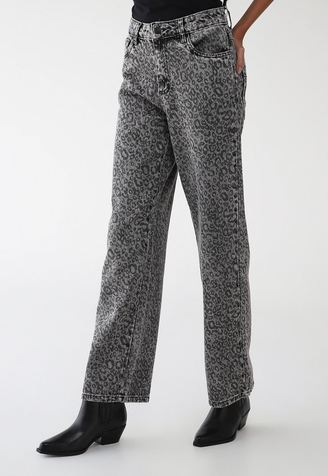Calça Jeans Sawary Wide Leg Animal Print Cinza - Compre
