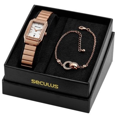 Kit Relógio Seculus Feminino Quadrado com Cristais com Pulseira Seculus