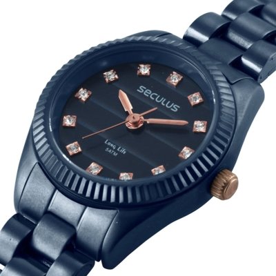 Relógio Seculus Feminino Azul Caixa Mini com Pedras Seculus