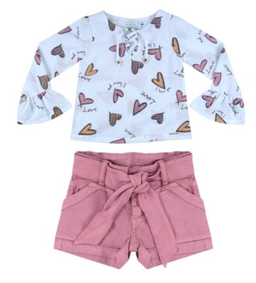 Conjunto Shorts PT Collor com Bata Estampada Coração Ser Garota Branco Menor preço em Conjunto Shorts PT Collor com Bata Estampada Coração Ser Garota Branco