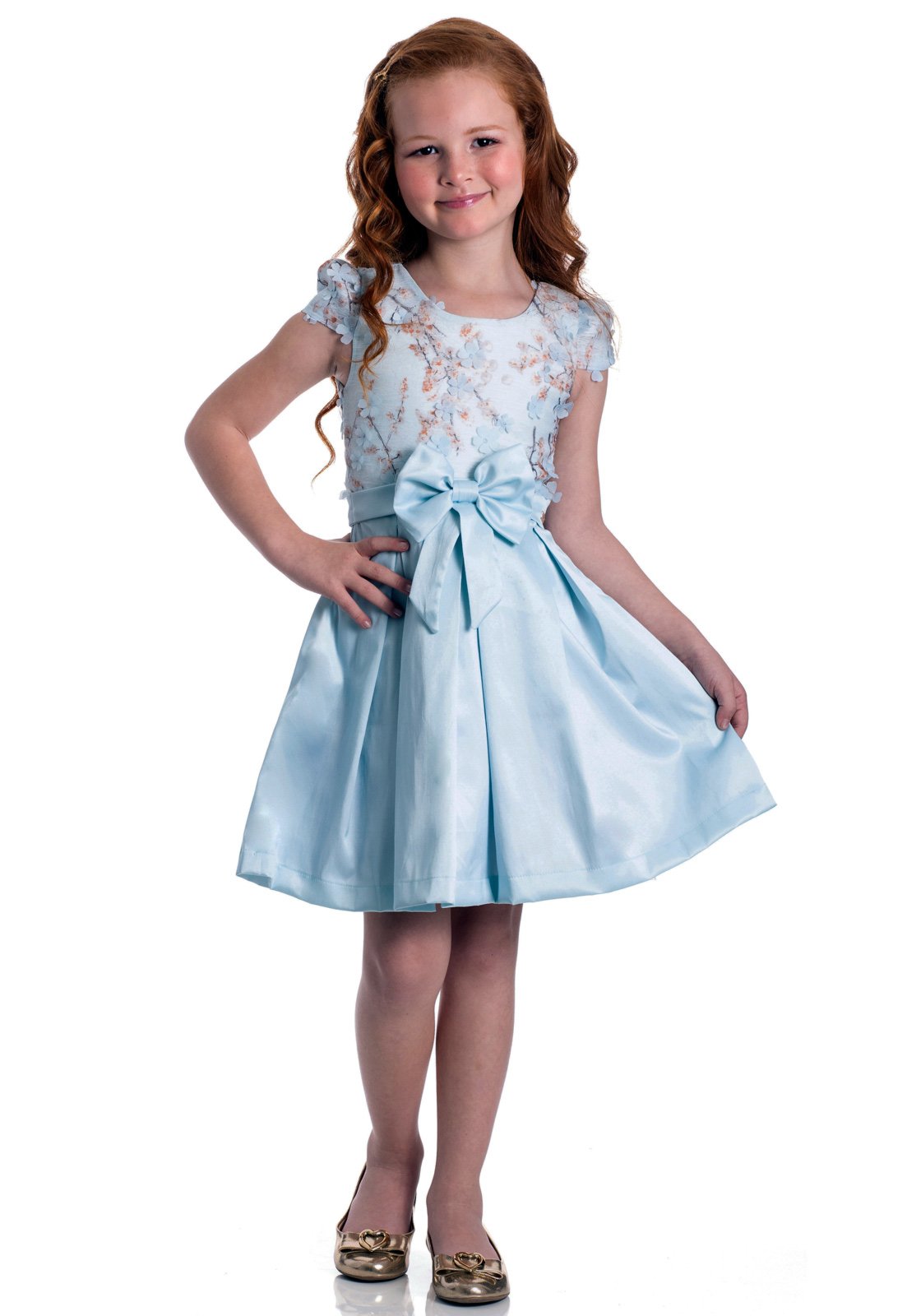 vestido de festa infantil azul e branco