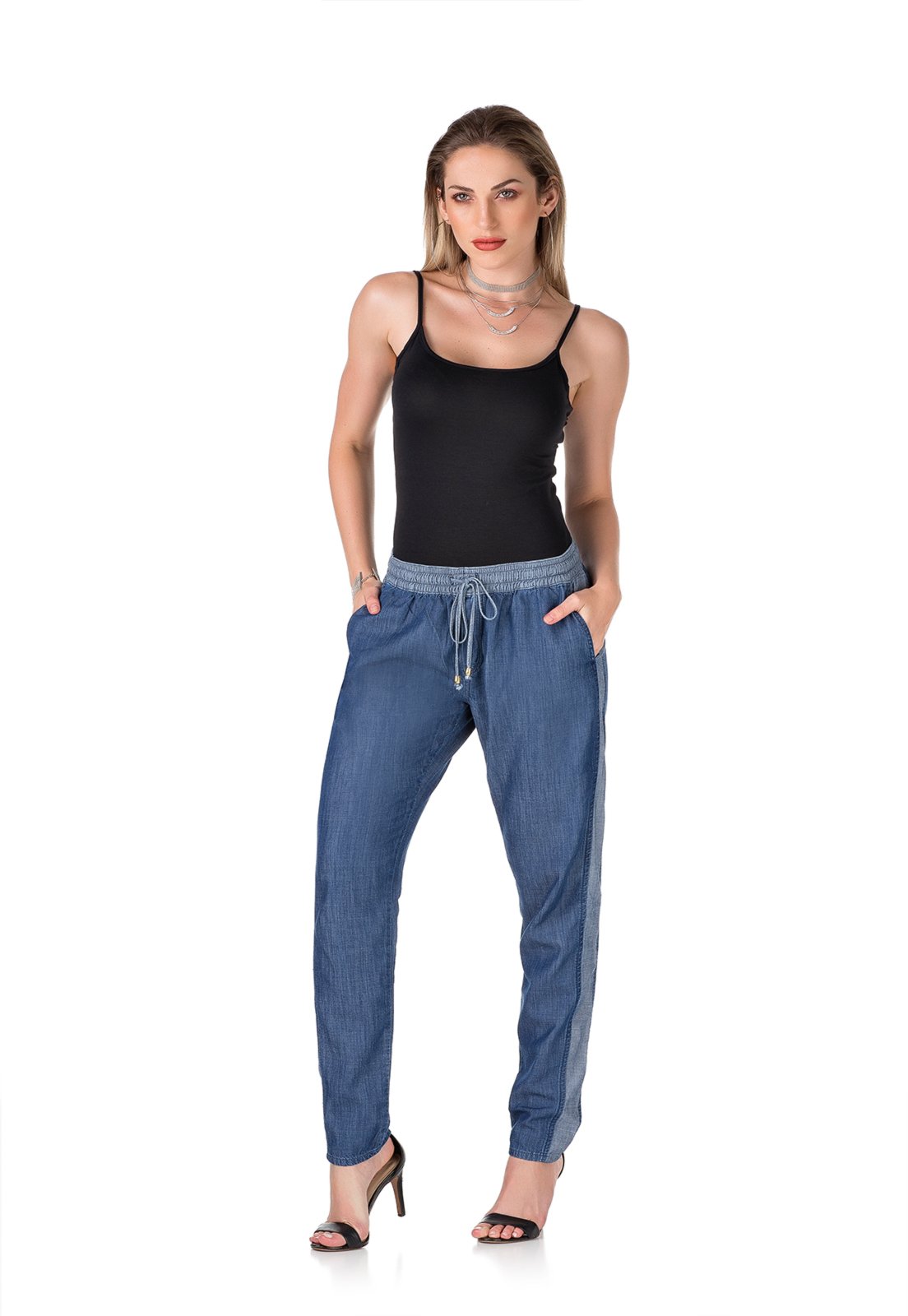 calca jeans c elastico na cintura