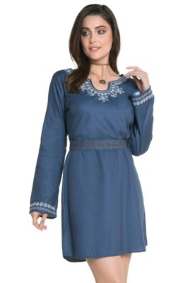Vestido Sideral Bordado Azul Jeans Menor preço em Vestido Sideral Bordado Azul Jeans