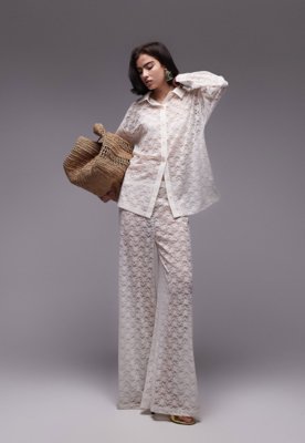Calça Renda TOPSHOP Wide Leg Vazada Off-White