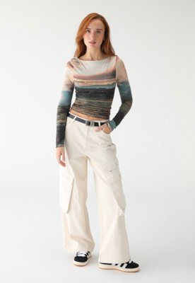 Calça Sarja TOPSHOP Wide Leg Cargo Off-White