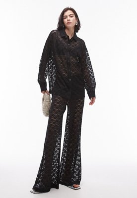 Camisa Renda TOPSHOP Reta Vazada Preta