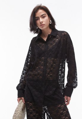 Camisa Renda TOPSHOP Reta Vazada Preta