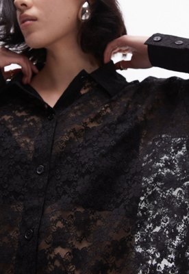 Camisa Renda TOPSHOP Reta Vazada Preta