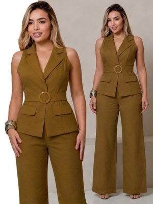 Conjunto Feminino Alfaiataria Colete Com Faixa e Calça - Marrom Rapa