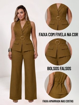 Conjunto Feminino Alfaiataria Colete Com Faixa e Calça - Marrom Rapa