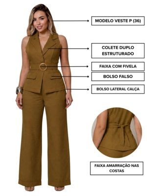 Conjunto Feminino Alfaiataria Colete Com Faixa e Calça - Marrom Rapa