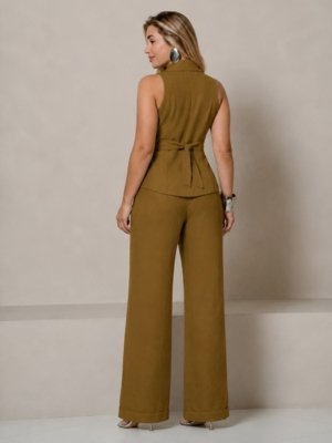 Conjunto Feminino Alfaiataria Colete Com Faixa e Calça - Marrom Rapa