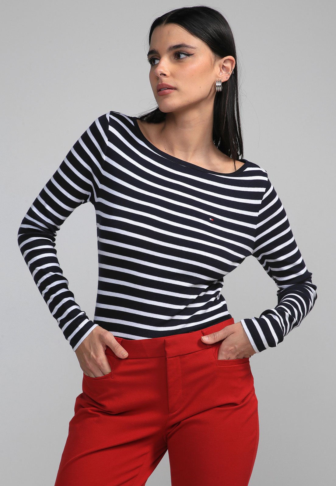 Blusa Tommy Hilfiger Canelada Listrada Azul-Marinho - Compre Agora