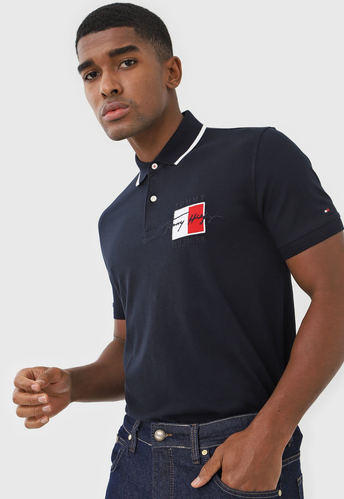 Camisa Polo Tommy Hilfiger Reta Logo Azul-Marinho
