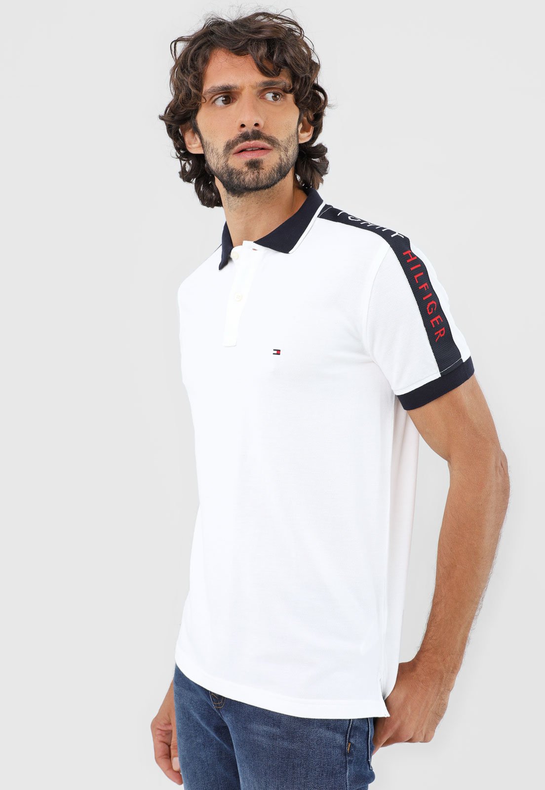 Camisa Polo Tommy Hilfiger Reta Logo Off-White - Compre Agora