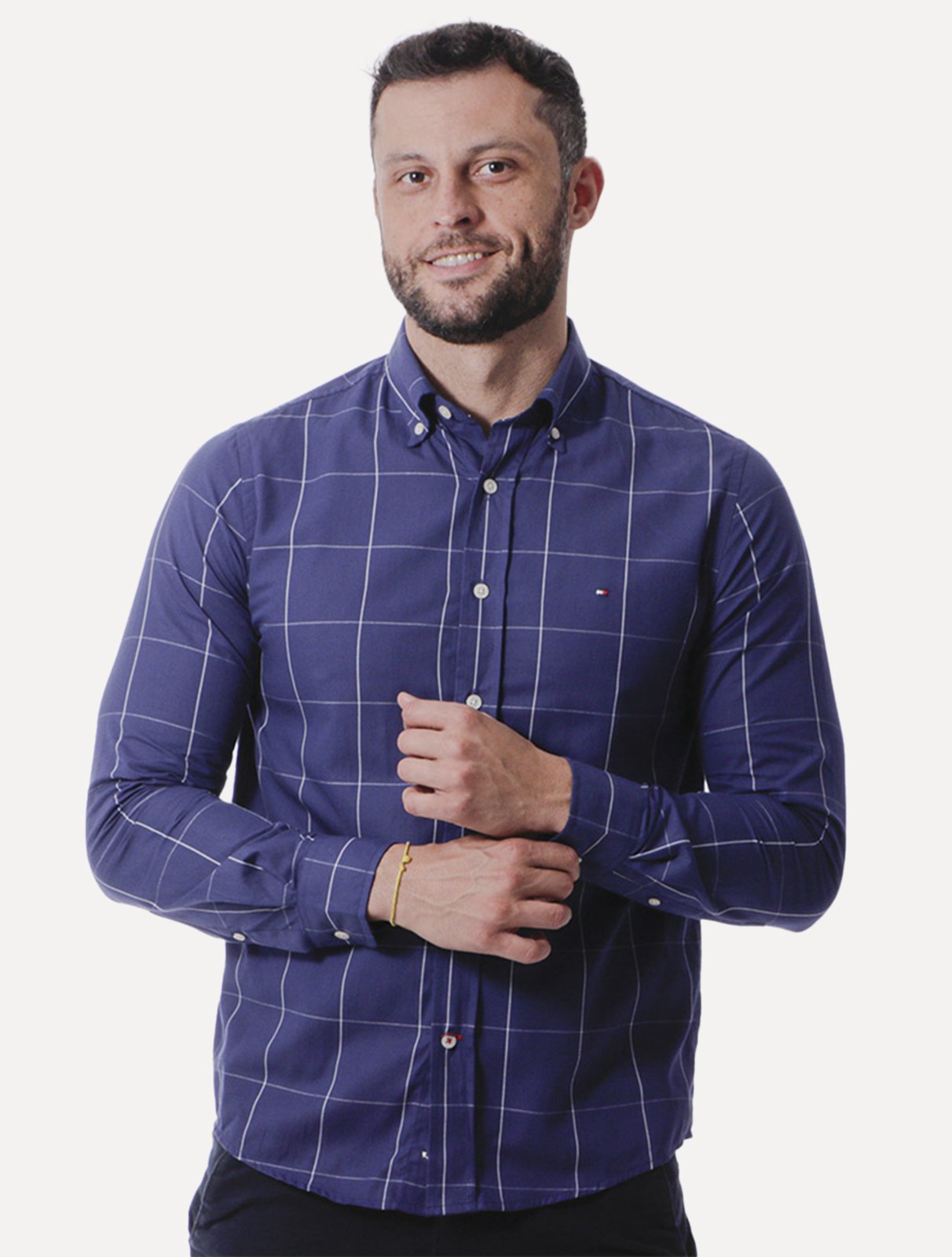 Camisa Tommy Hilfiger Masculina Xadrez Gingham Branca/Azul