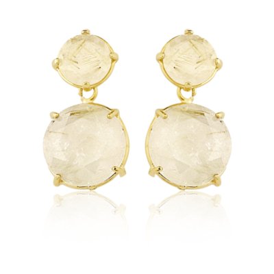 Menor preço em Brinco Toque De Joia Duo De Pedras Quartzo Rutilo Dourado Ouro Amarelo