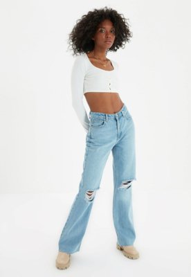 Calça Jeans Trendyol Collection Wide Leg Destroyed Azul - Compre Agora