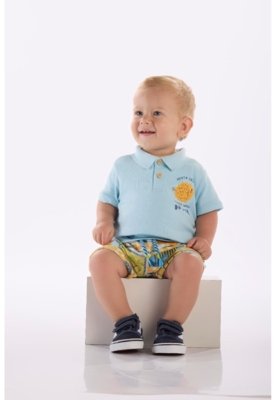 Conjunto Bebê com Polo e Short Três e Já Azul