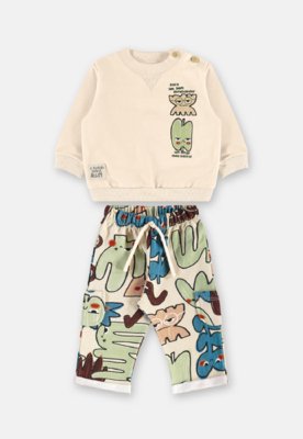 Conjunto Humor Bebê Blusão Calça Três e Já Bege